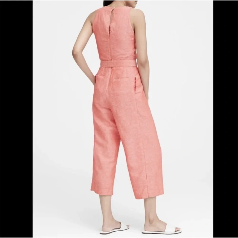 Banana Republic coral orange linen blend sleeveless belted cropped jumpsuit 6P